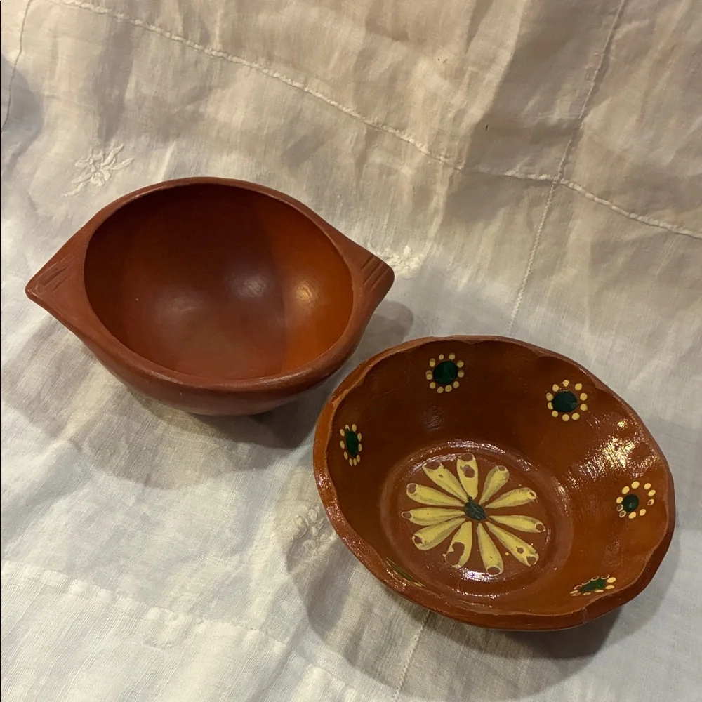 Hand Thrown Red Ware Pottery Bowls With Decorative Accents Red Ware Green Yellow